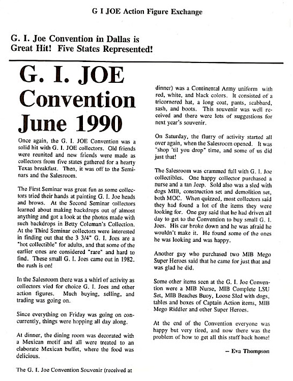 This closeup of a page from Eva Thompson's newsletter reads like a long-lost "time-capsule" of GIjOE history, and reveals her editorial recap of one of the earliest D/FW-area fan gatherings, a convention held all the way back in 1990. WOW! (Photo: David Howard)