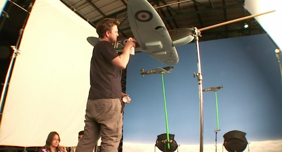 Similar to the Hindenburg, slightly smaller scale Spitfires were used for the flying scenes shown at the opening of the film. Closeups of the cockpit were done in a separate, full 1:6 scale model. (Photo: Flatiron Film Co.)