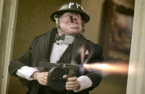 Eat Hot Lead, Fritz! This superb action shot of the film's Winston Churchill figure was sadly, his greatest moment in the film. Instead of turning the tables of comedic expectation and making the rather rotund figure an unlikely action hero, Churchill is kept largely under rein during the film. You have to admit this looks like a cool concept. It's a shame the filmmakers didn't create more ways for Churchill to shine. (Photo: Flatiron Film Co.)
